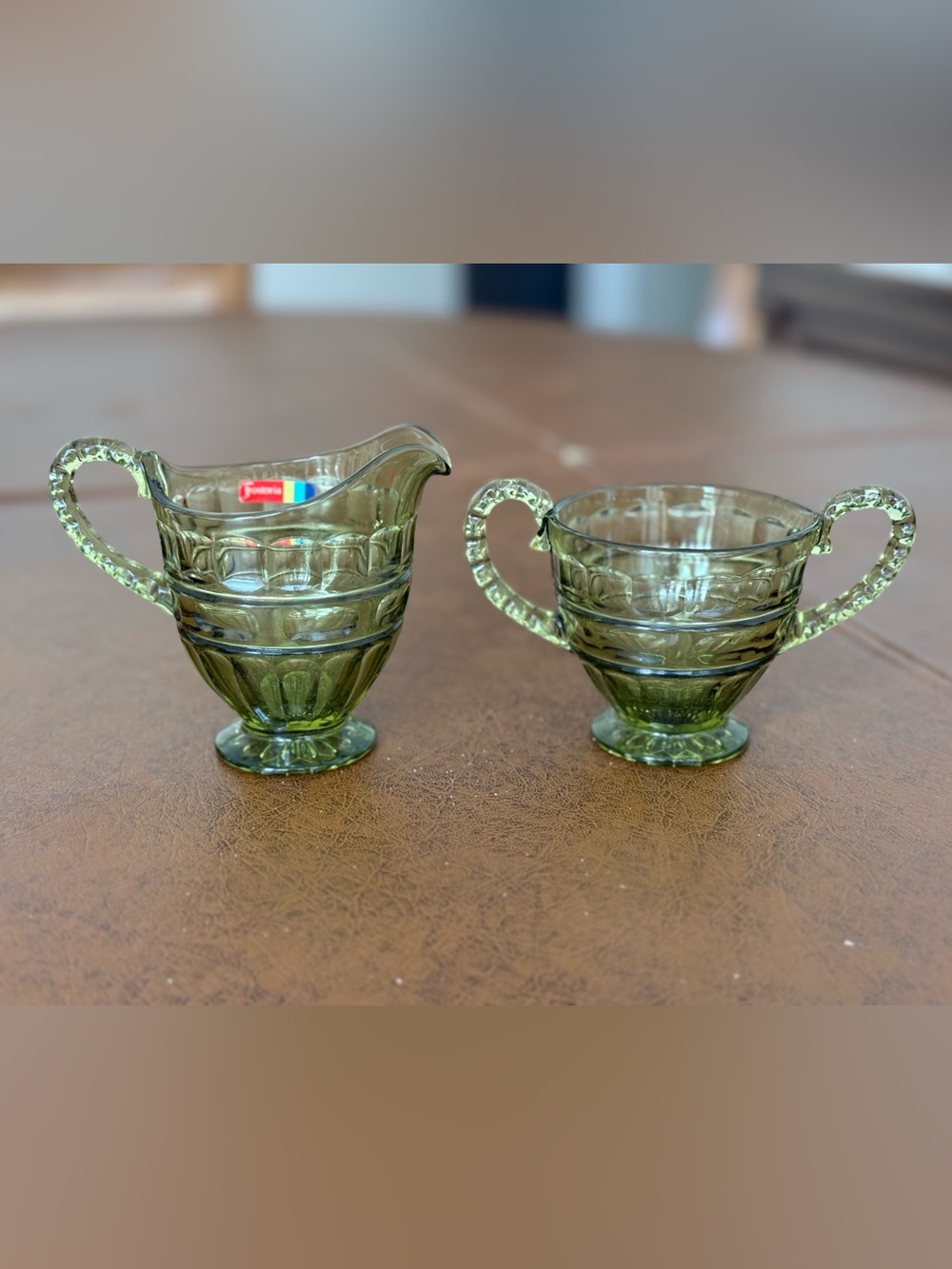 Vintage Fostoria Hermitage green glass Creamer and Sugar Set w sticker EUC